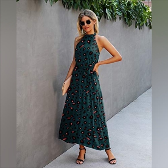 Pretty Garden Cheetah Print Teal & Pink Tiered Halter Maxi Dress XL - Picture 3 of 11